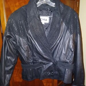Chia Black Leather Jacket with Textured Design